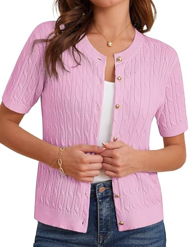 Short Sleeve Pink Cardigan for Women Button Up Summer Sweater Open Front Cable Knit Loose Cardigan Jacket | Amazon (US)