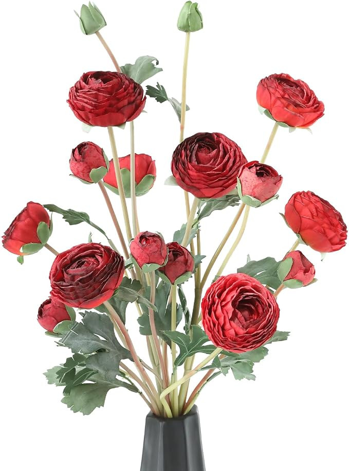 6Pcs Realistic Silk Red Ranunculus Artificial Flowers Long Stems, 23.6" Tall Fake Flowers Faux Fl... | Amazon (US)