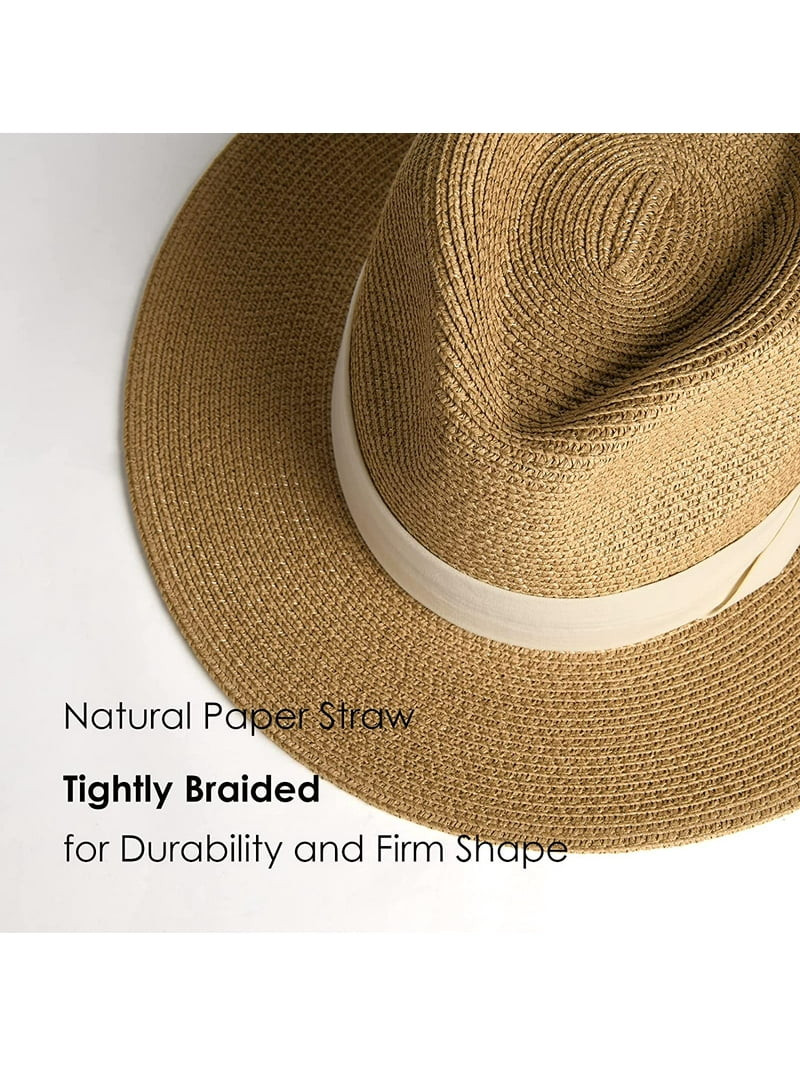 Panama Hat Sun Hats for Women Men Wide Brim Fedora Straw Beach Hat UV UPF 50- Khaki Beige- M | Walmart (US)