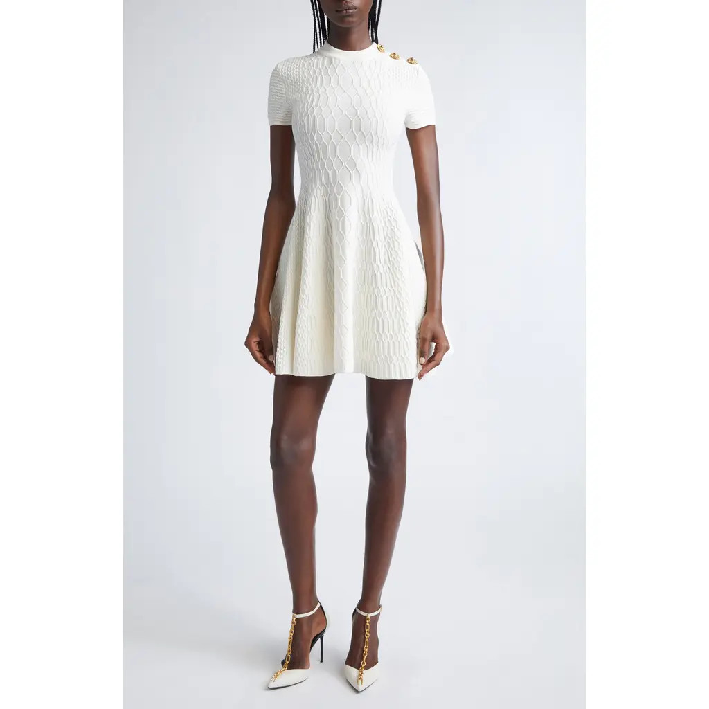 Balmain Croc Textured Short Sleeve Dress in Natural at Nordstrom, Size 4 Us | Nordstrom