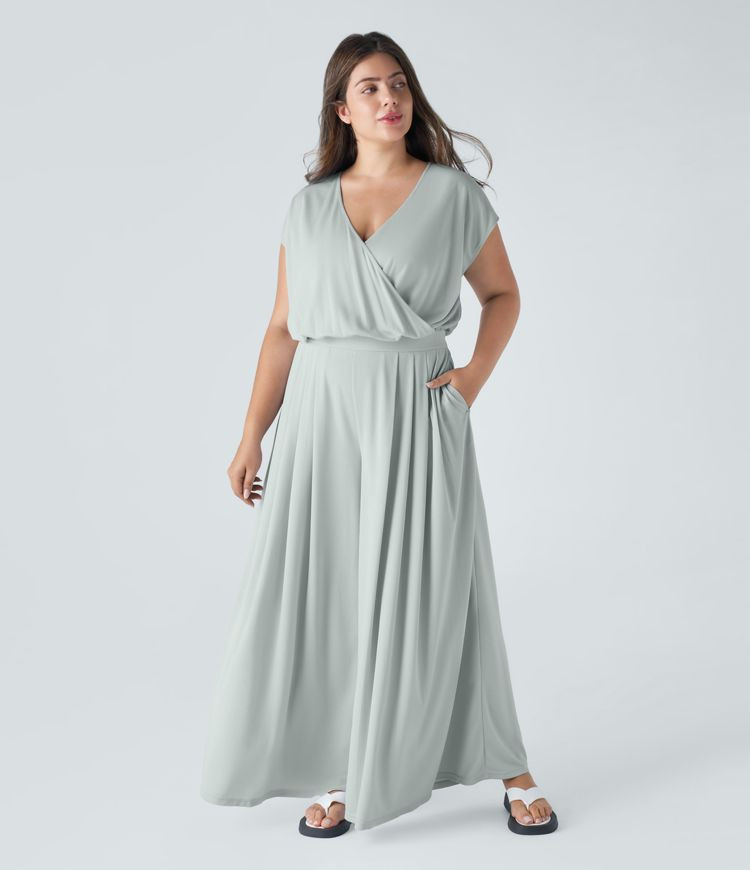 V Neck Short Sleeve Plicated Side Pocket Wide Leg Flowy Waffle Casual Plus Size Jumpsuit | HALARA
