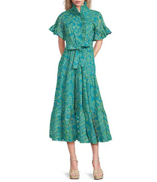 Floral Print Sadie Ruffle Stand Collar Short Sleeve Tie Waist Tiered Pocketed Midi Dress | Dillard's