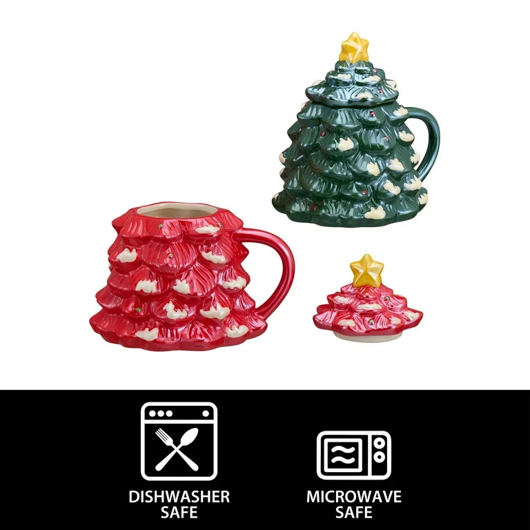 Holiday Time 14-oz Holiday Tree Glazed Stoneware Ceramic Mug with Lid, 2 Pack, Multicolor | Walmart (US)