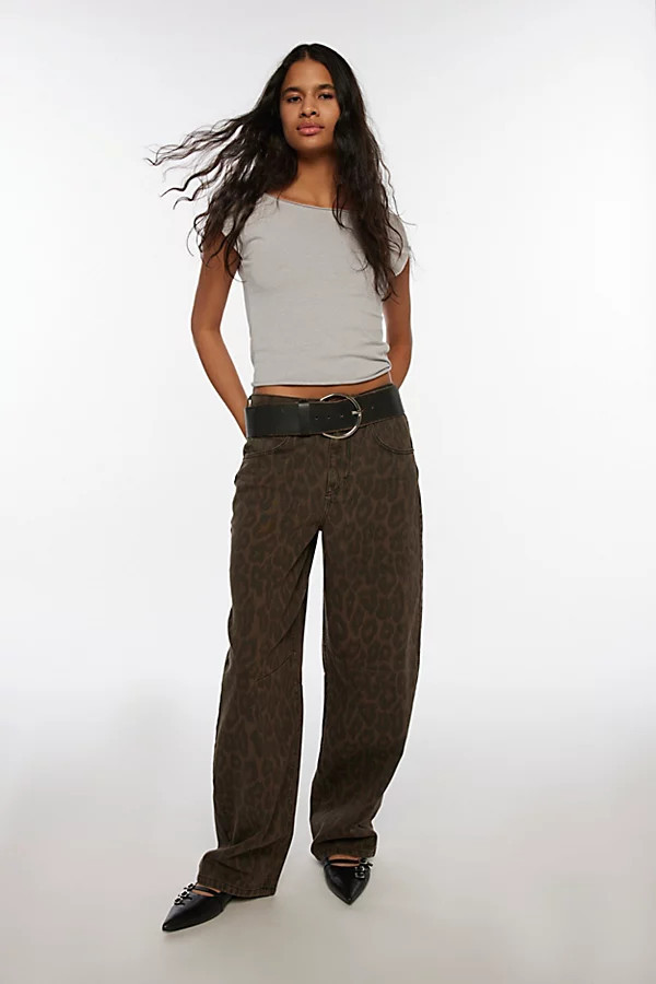 BDG Logan Buckle Baggy Barrel Jean in Brown Leopard, Women's at Urban Outfitters | Urban Outfitters (US and RoW)