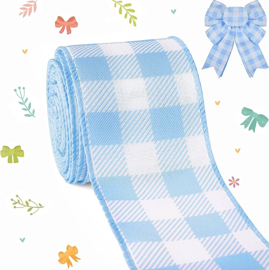Spring Easter Ribbon Wired, Blue Gingham Fabric Ribbon Pastel Plaid Checkered Ribbon for Bow Wrea... | Amazon (US)