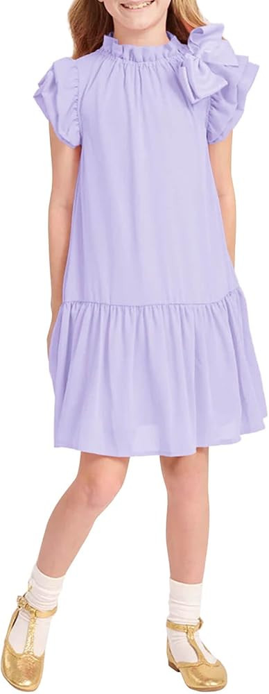 Batermoon Girls Summer Dresses Bow Ruffle Sleeve Tiered Flowy A-Line Swing Casual Party Dress 5-1... | Amazon (US)