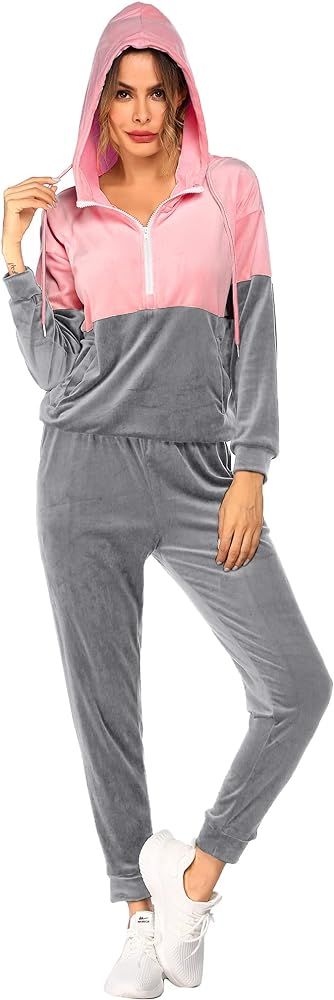 HOTOUCH Velour Tracksuit Womens 2 Piece Color Block Jogging Suit Set Velvet Sweatsuits Joggers Sp... | Amazon (US)