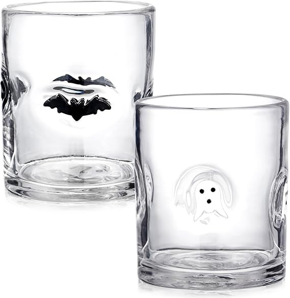 2 Pcs Halloween Icon Juice Glasses 14 oz Bat and Ghost Glass Cups Double Old Fashioned Hand Blown... | Amazon (US)
