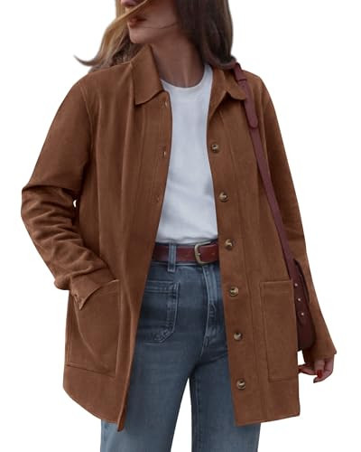 BTFBM Faux Suede Jacket Women Fall Fashion 2026 Leather Jackets Long Sleeve Button Down Winter Coats Shackets Outerwear(Brown, Large) | Amazon (US)