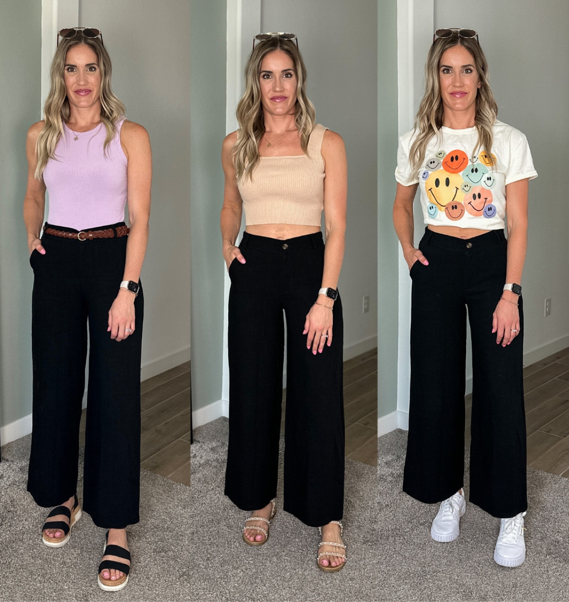 Black trouser outfit | casual outfit idea | workwear outfit idea | everyday outfit | linen pants | white sneakers | converse | look for less | graphic tee | crop top 

#LTKunder50 #LTKFind #LTKstyletip