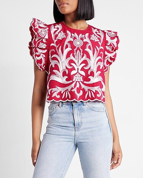 Embroidered Ruffle Sleeve Top | Express