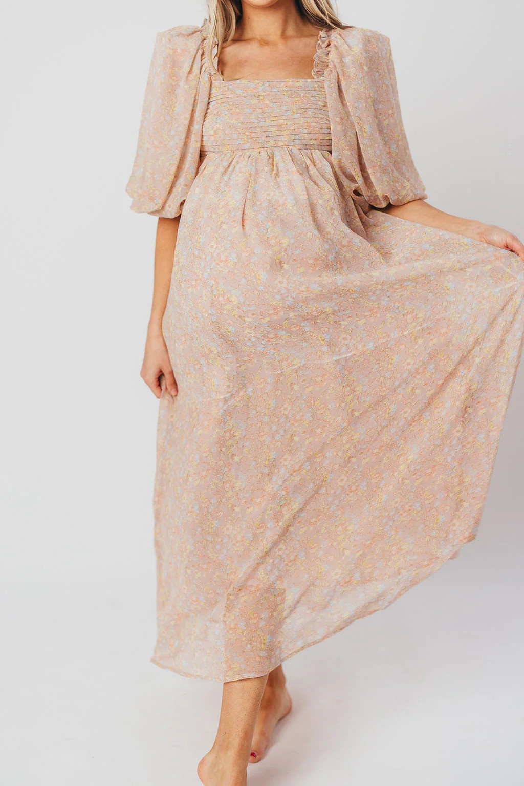 Melody Maxi Dress with Pleats and Bow Detail in Mauve Floral - Bump Fr | Worth Collective