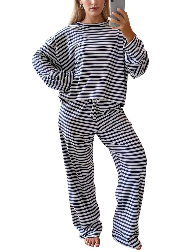 MISSACTIVER Women's Striped 2 Piece Lounge Set Casual Long Sleeve T-Shirt Drawstring Wide Leg Pan... | Amazon (US)