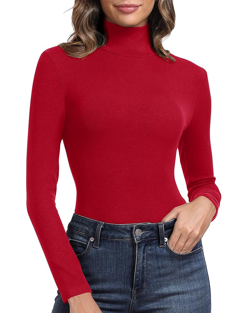 PALINDA Women's Ribbed Turtleneck Fitted Long Sleeve Shirts Basic Thermal Layering Tops | Amazon (US)