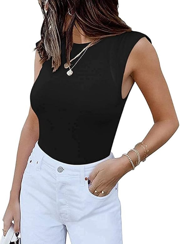BONITEE Women's Casual Sleeveless Crew Neck Pads Shoulder Bodysuit Tank Tops | Amazon (US)