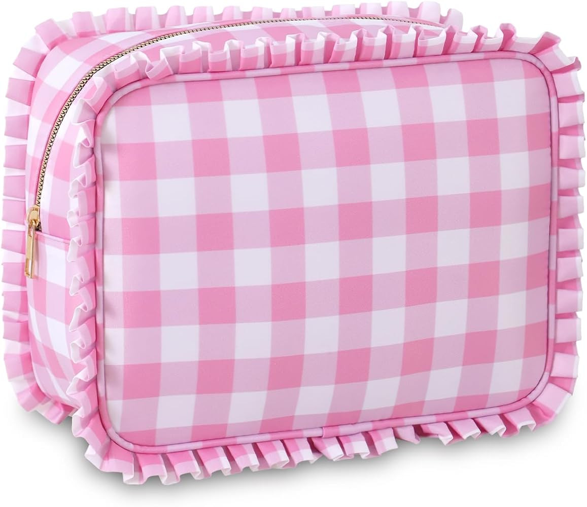 Gingham Ruffle Makeup Bag,Large Travel Cute Cosmetic Bag for Women Girls,Toiletry Bag Make up Org... | Amazon (US)