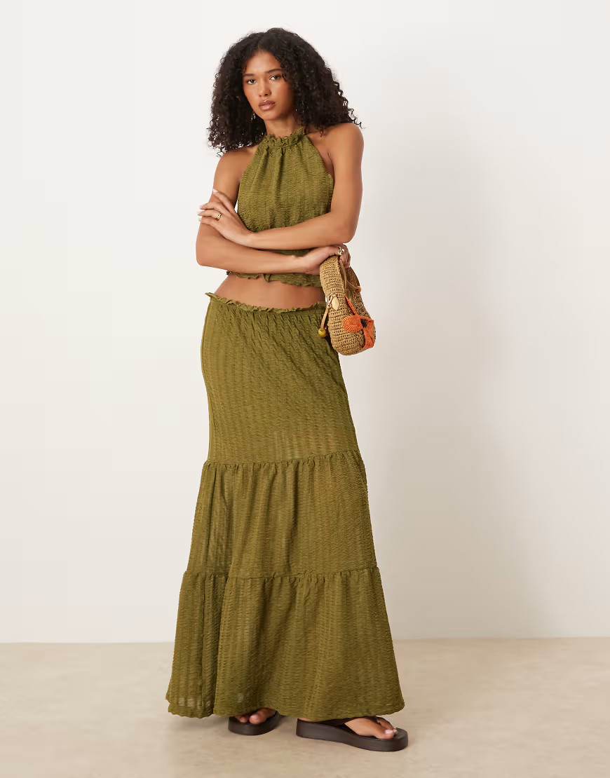 ASOS DESIGN co-ord textured tiered maxi skirt in green | ASOS (Global)