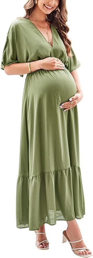STYLEWORD Women's Summer Maternity Maxi Dress Casual Short Flutter Sleeve V Neck Baby Shower Flow... | Amazon (US)