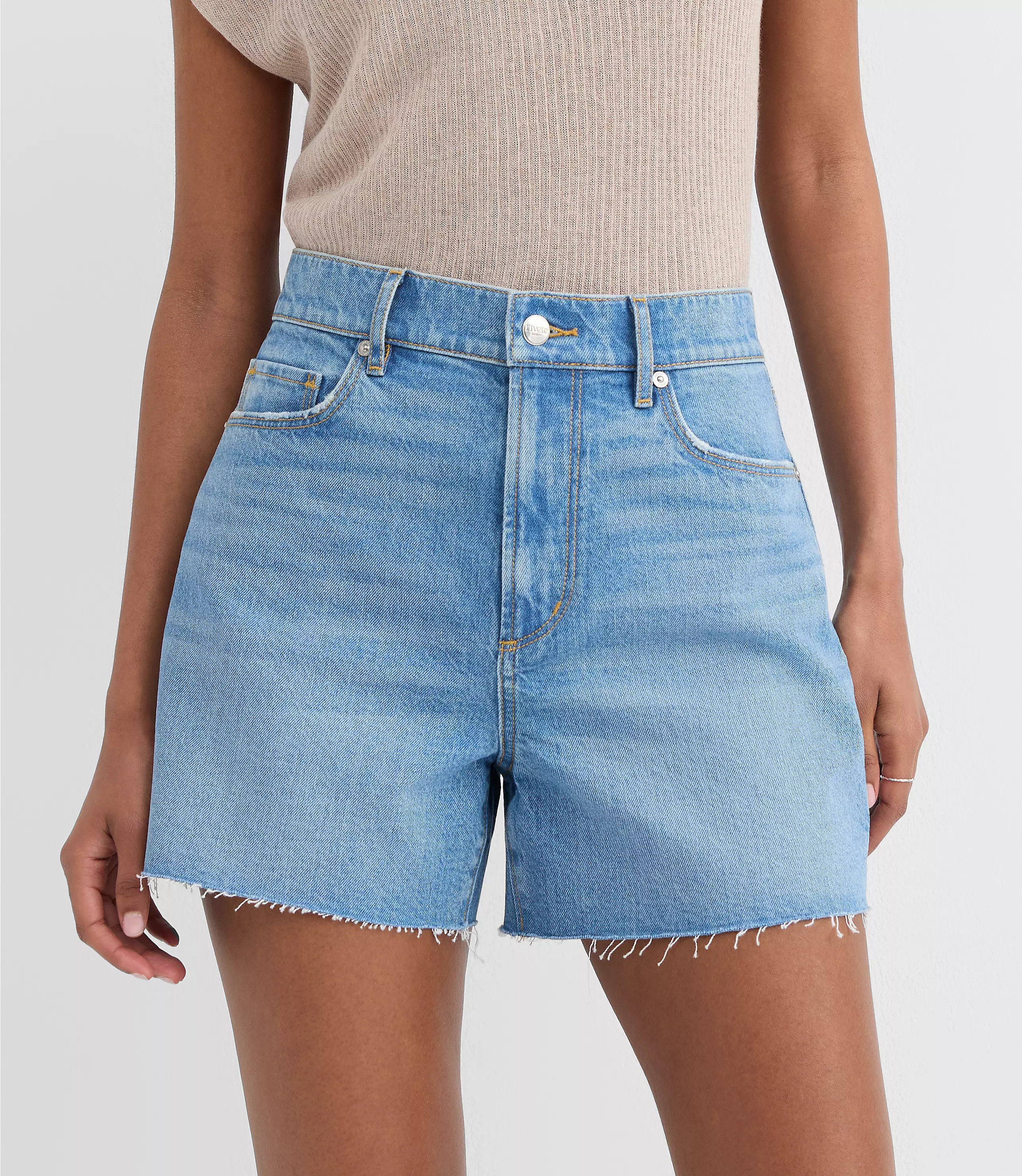 Rivete Curvy High Rise Cut Off Denim Shorts in Mid Wash | LOFT