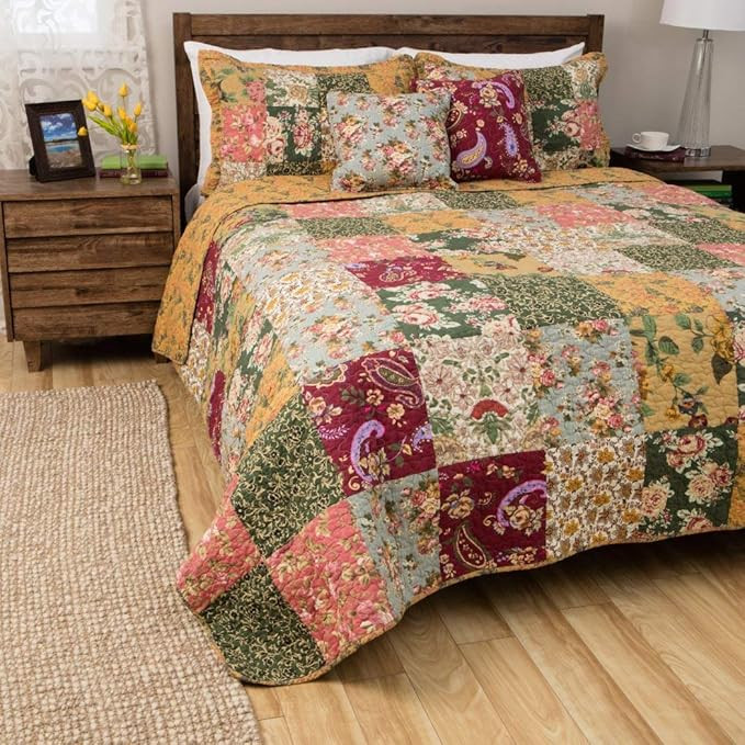 5 Piece Beautiful Pink Purple Yellow Blue Green White Full Queen Quilt Set, Floral Patchwork Them... | Amazon (US)