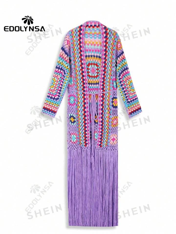 Purple Crochet Duster Sweater Tassels Kimono Boho Handmade Fringed Long Crochet Coats | SHEIN