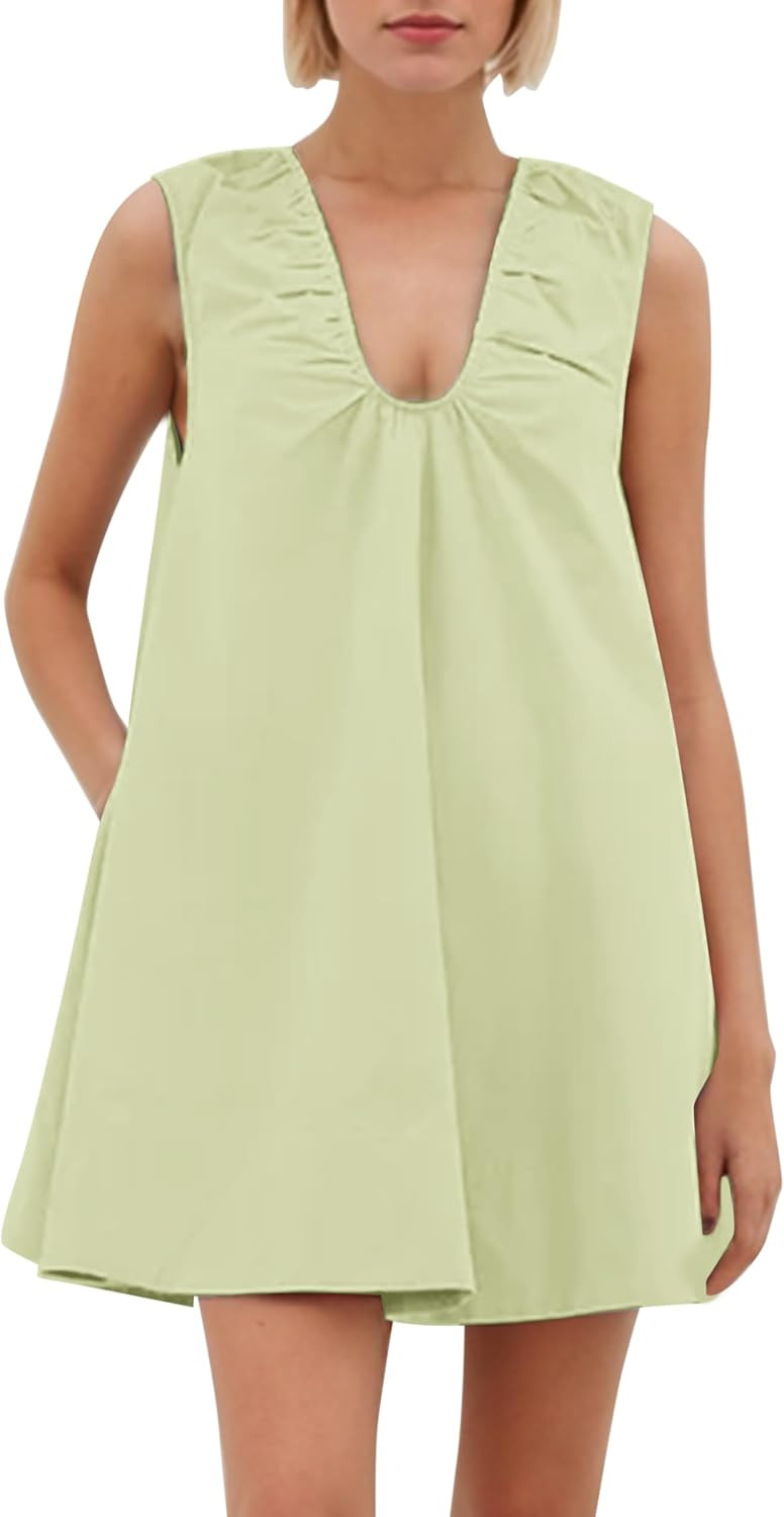 MISSACTIVER Women's Sleeveless Babydoll Tank Mini Dress Scoop Neck Ruched Short Dress with Side Pockets Summer Party Dresses | Amazon (US)