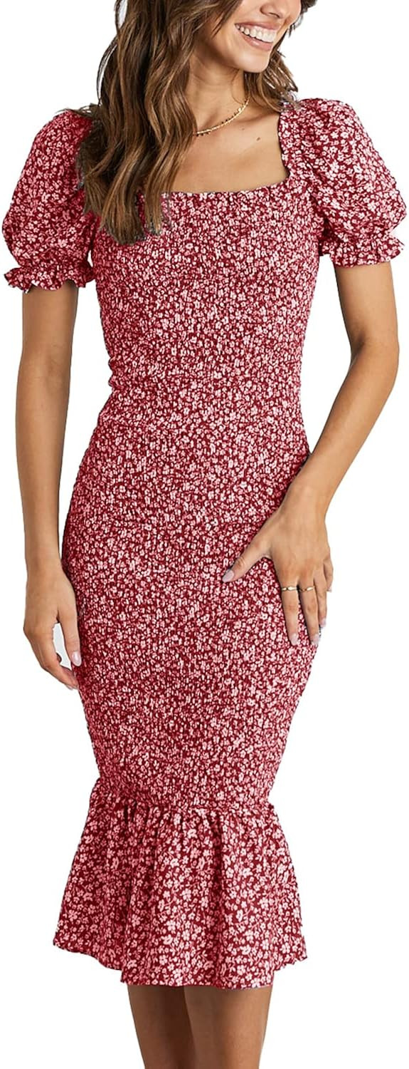 PRETTYGARDEN Women's Summer Floral Midi Bodycon Dresses Short Puff Sleeve Square Neck Ruffle Hem ... | Amazon (US)