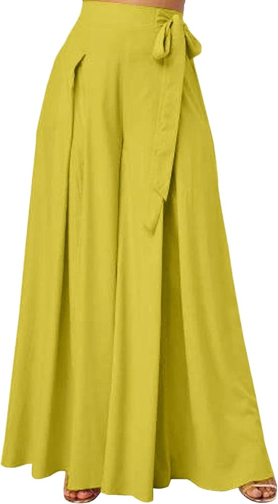 SEMATOMALA Women's Side Knot Tie Waist Wide Leg Long Pants Pleated High Waist Full Length Elegant... | Amazon (US)