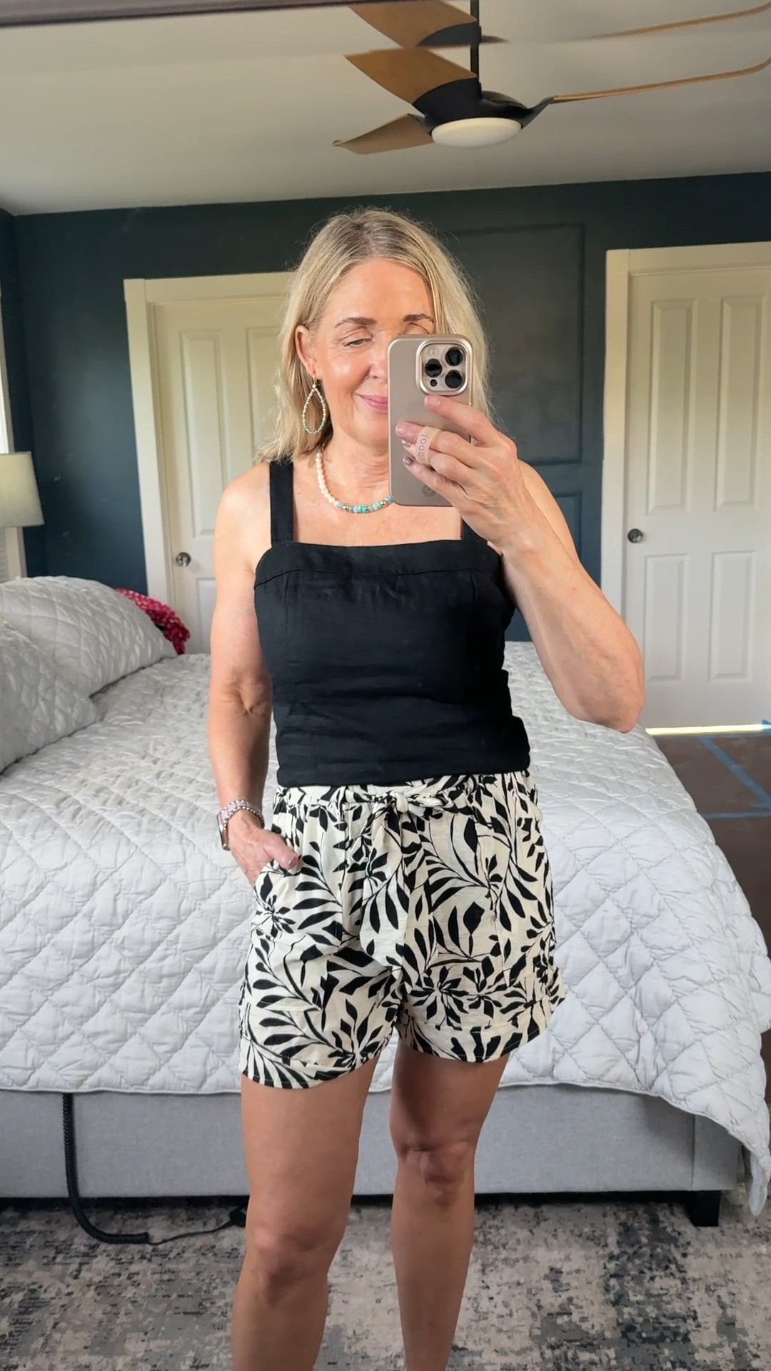 Summer outfit idea. @Quince linen tank top size XS paired with @Gibsonlook printed shorts size XS. 

Affordable outfits, black and white outfits, linen tops, fashion over 40, over 50 style, summer trends, mom looks, teacher outfits

#LTKgrwm #LTKootd #LTKOver40
