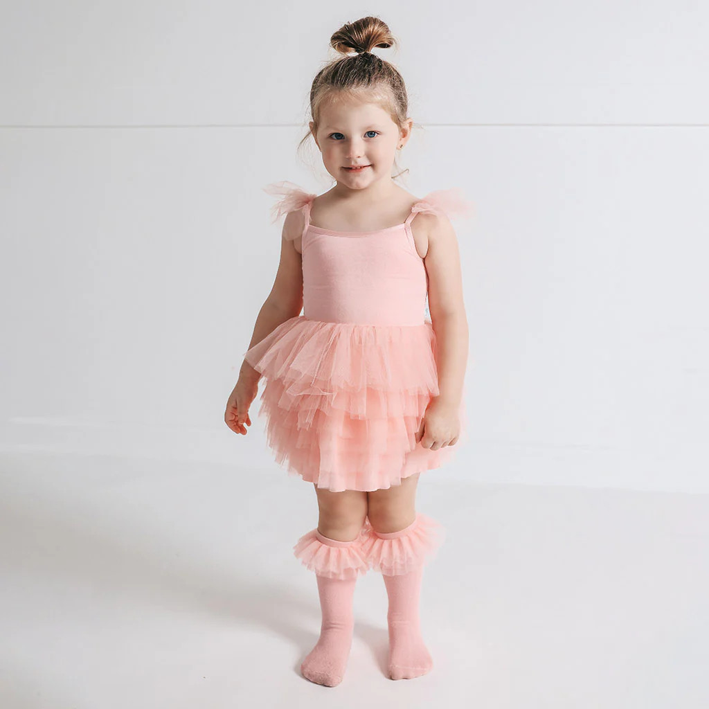 Solid Tulle Pink Ruffled Smocked Girl Tulle Dress | Starry Pink | Posh Peanut