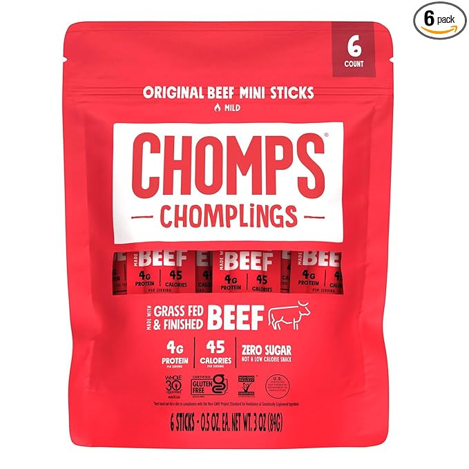 CHOMPS MINI Grass Fed Beef Jerky Meat Snack Sticks 0.5 Oz, Original Beef (Pack of 6) | Amazon (US)