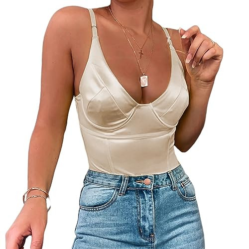 Velius Women's Sexy Deep V Neck Shiny Thong Bodysuit Tank Tops with Underwire (Champagne,X-Small) | Amazon (US)