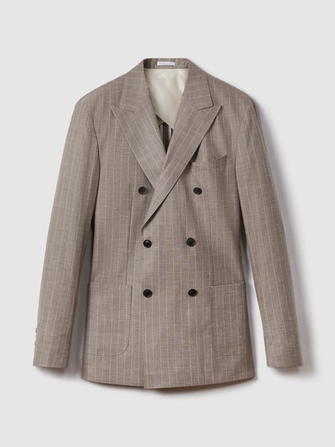 Slim Fit Wool-Silk-Linen Double Breasted Blazer in Mocha | Reiss DE