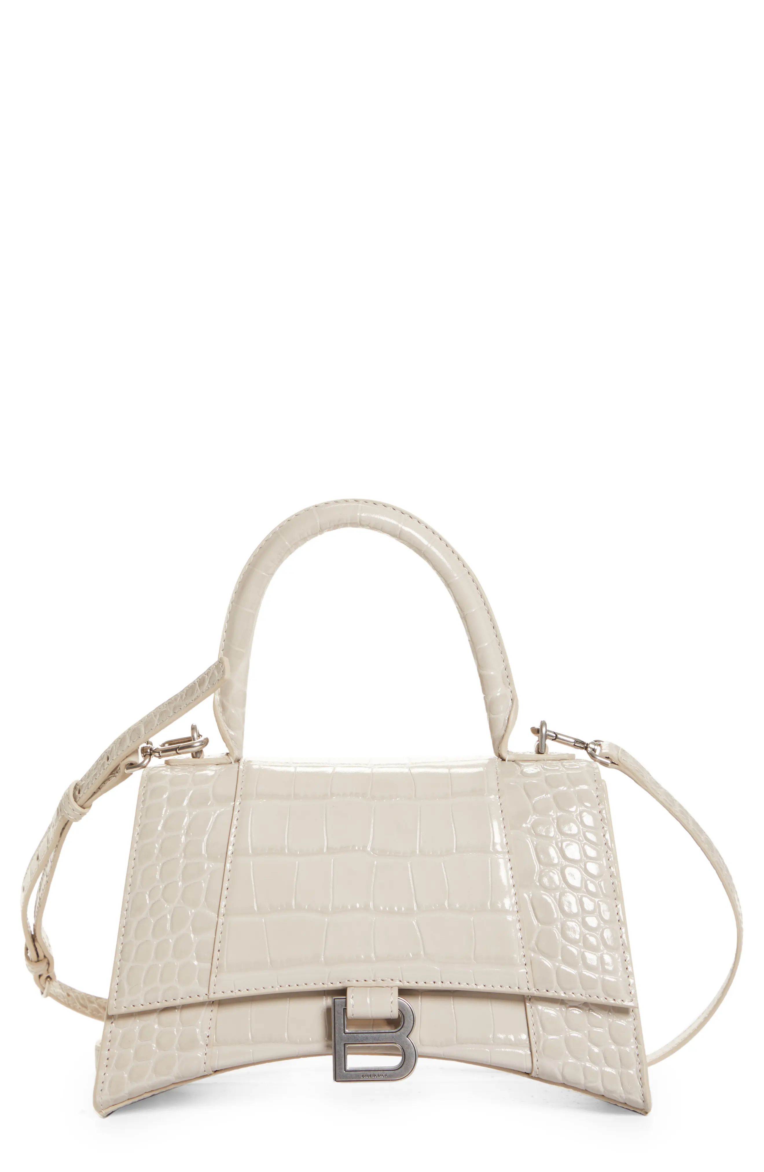 Balenciaga Small Hourglass Croc Embossed Leather Top Handle Bag in Cold Beige at Nordstrom | Nordstrom