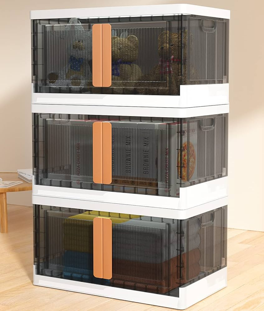 QimCoor Closet Organizers and Storage Bins, Stackable Storage Bins with Lids, Collapsible Plastic... | Amazon (US)