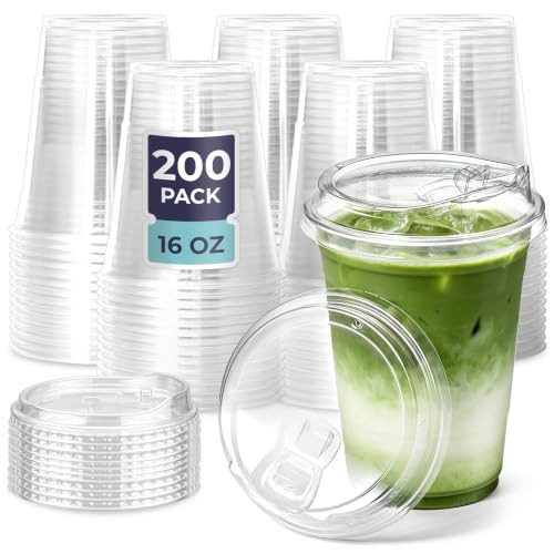 Fit Meal Prep 200 Pack 16 oz Clear Plastic Cups with Strawless Sip Lids, Disposable Plastic Coffee Cups with Lids, To Go Cups for Iced Coffee, Smoothies, Soda, Party Drinks, Bubble Tea, Cold Beverage | Amazon (US)
