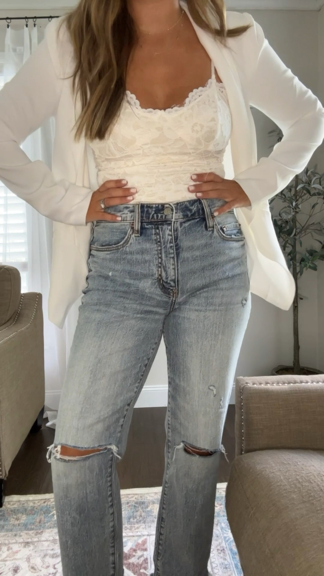 Outfit details. Loving this blazer and lace bodysuit for pre fall outfits. Great for casual fridays in the office as well! Wearing TTS in all! Follow me for more finds! Xx

#LTKstyletip #LTKworkwear #LTKSeasonal