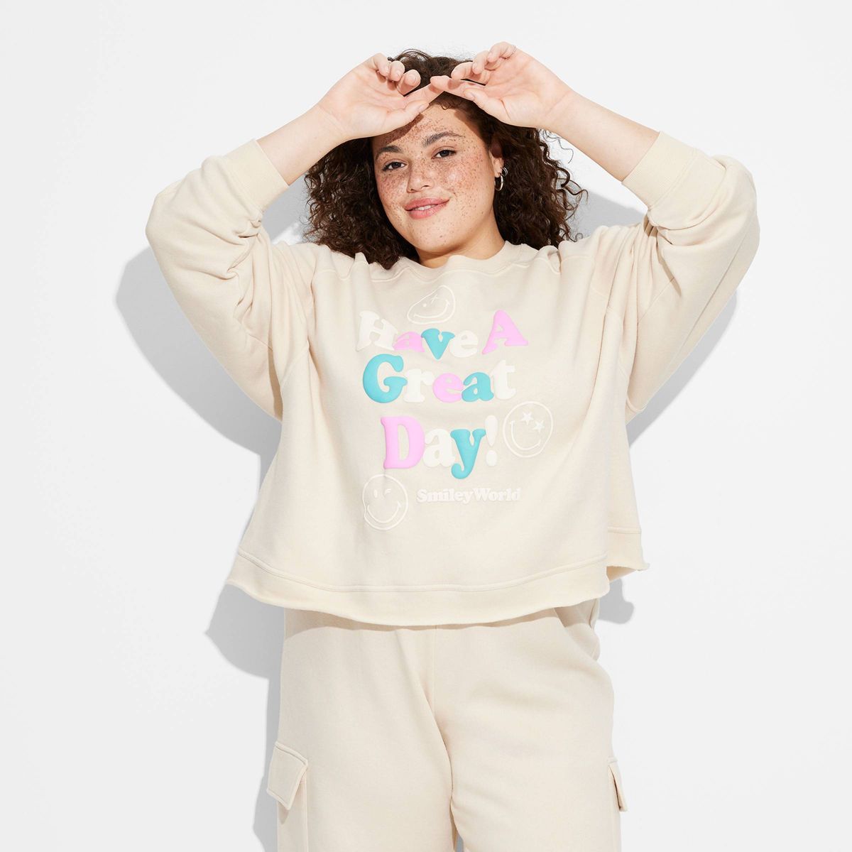 Women's Great Day SmileyWorld Graphic Sweatshirt - Beige | Target