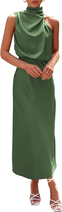 PRETTYGARDEN Women's 2023 Summer Satin Dress Elegant Sleeveless Mock Neck Cocktail Party Maxi Dre... | Amazon (US)