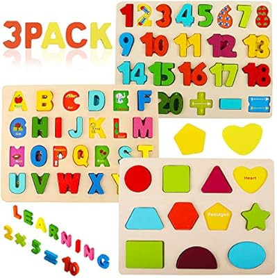Wooden Puzzles for Toddlers, Voamuw Wooden Alphabet Number Puzzles and Shape Puzzle for Kids Ages... | Amazon (US)