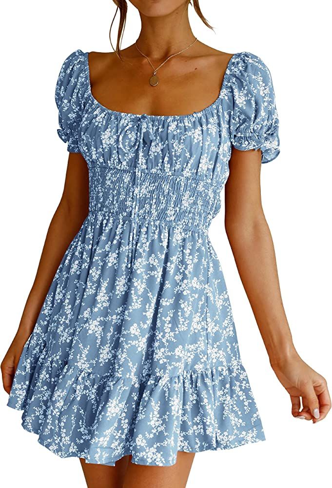 Imily Bela Womens Summer Dress Puff Sleeve Smocked Floral Print Ruffle Swing Mini Dress | Amazon (US)