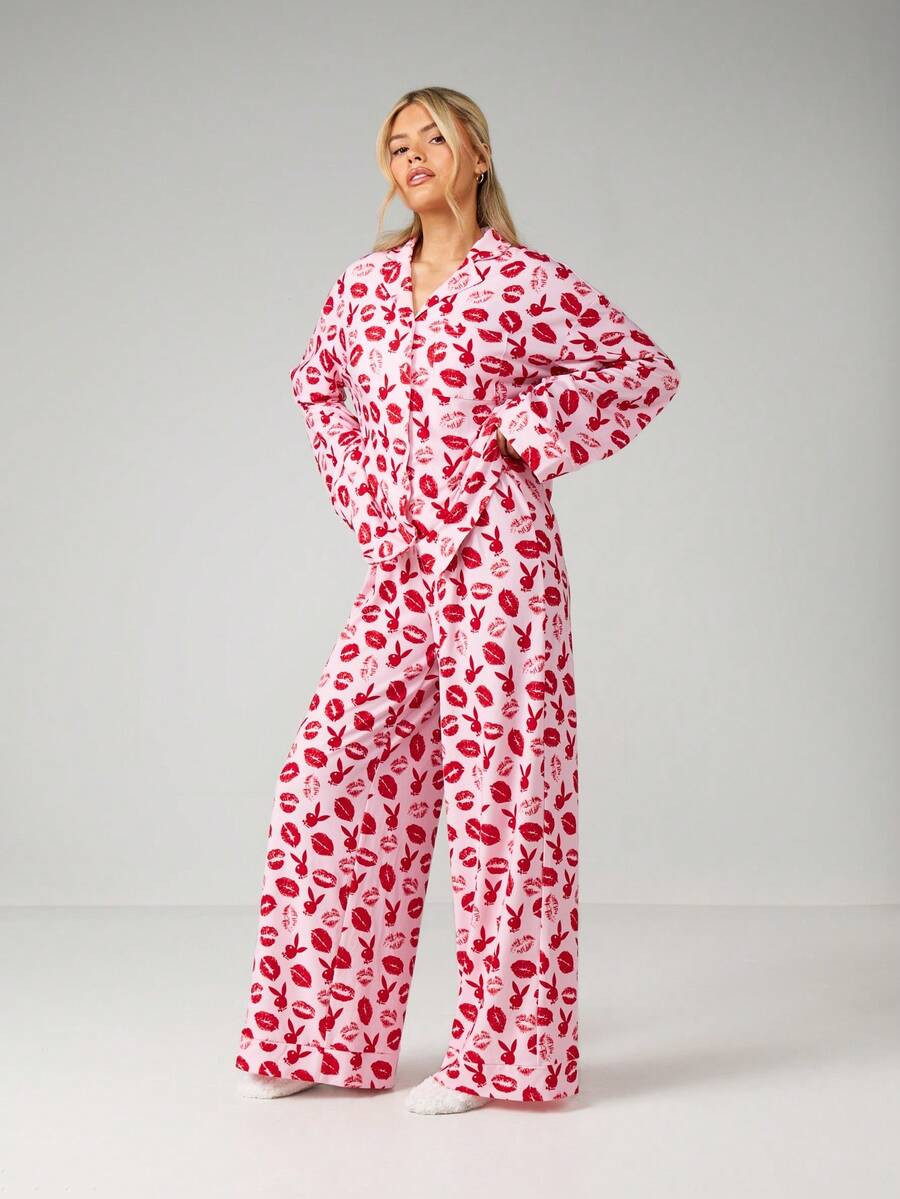 Missguided x Playboy Lip Print Bunny Pajama Set Button Front Shirt Long Sleeve Trouser Sleepwear ... | SHEIN