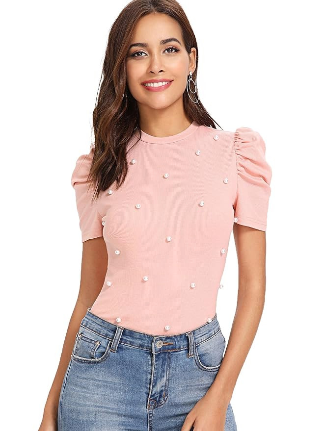 ROMWE Women's Elegant Pearl Embellished Puff Short Sleeve Embroidered Blouse Tops | Amazon (US)