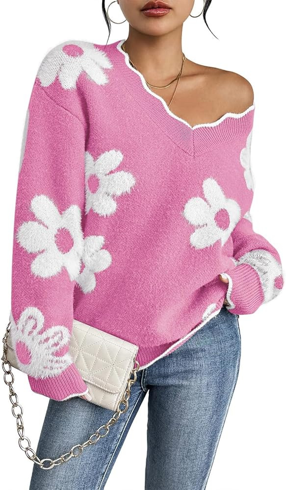 Pink Queen Women's Oversized V Neck Fuzzy Sweaters 2026 Casual Loose Long Sleeve Chunky Knit Pull... | Amazon (US)