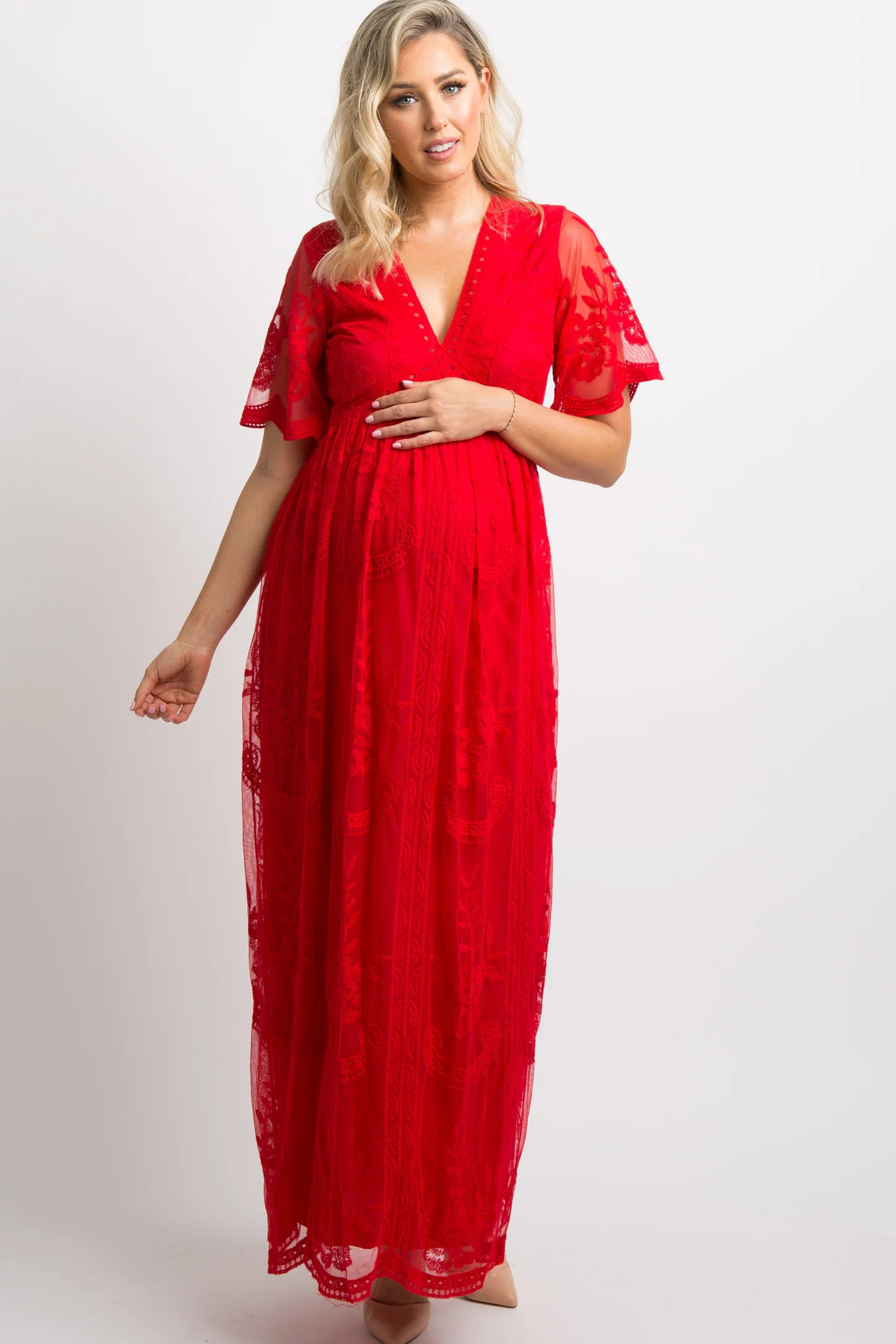 PinkBlush Red Lace Mesh Overlay Maternity Maxi Dress | PinkBlush Maternity