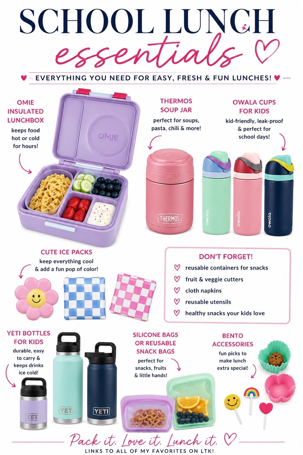 School lunch essentials that make packing lunches a little easier (and a lot cuter) 🍓✨

From the OmieBox insulated lunchbox and Thermos food jars to kids’ Owala + YETI bottles, reusable snack bags, fun ice packs and bento accessories — these are the things I’d reach for when packing school lunches for little ones.

Everything is linked for easy shopping 🤍

#SchoolLunchIdeas #LunchboxEssentials #BackToSchoolFinds #ToddlerLunchIdeas #KidsLunchIdeas