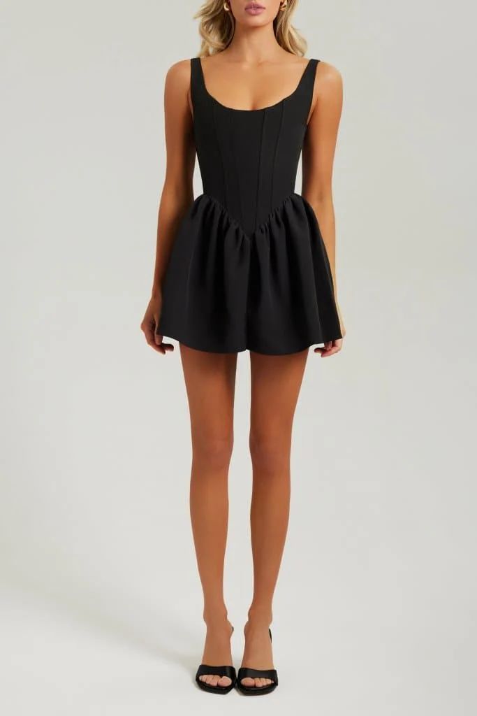 Black corset flared a-line crepe mini dress | Heiress Beverly Hills
