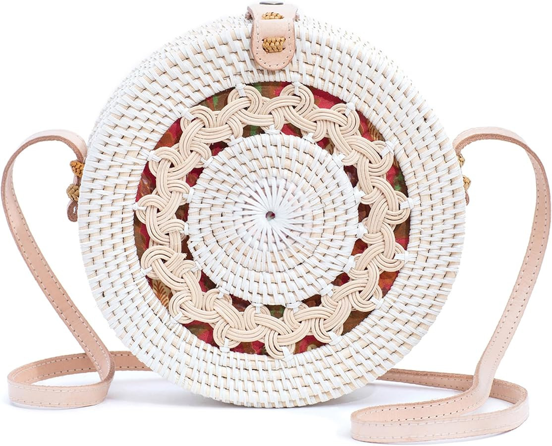 Novum Crafts Round Rattan Bag for Women - Handmade Straw Bags - Wicker Purse - Brown White Circle... | Amazon (US)