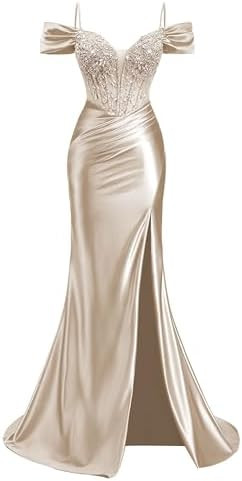 ForElise Crystal Satin Prom Dresses 2026 Off Shoulder V Neck Mermaid Prom Dress | Amazon (US)