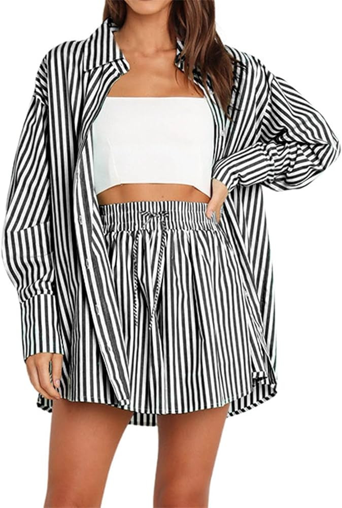 Women's Spring/Temperament Casual Lace Up Shorts Set Shirt Stripe Long Sleeve Split Two Piece Set | Amazon (US)